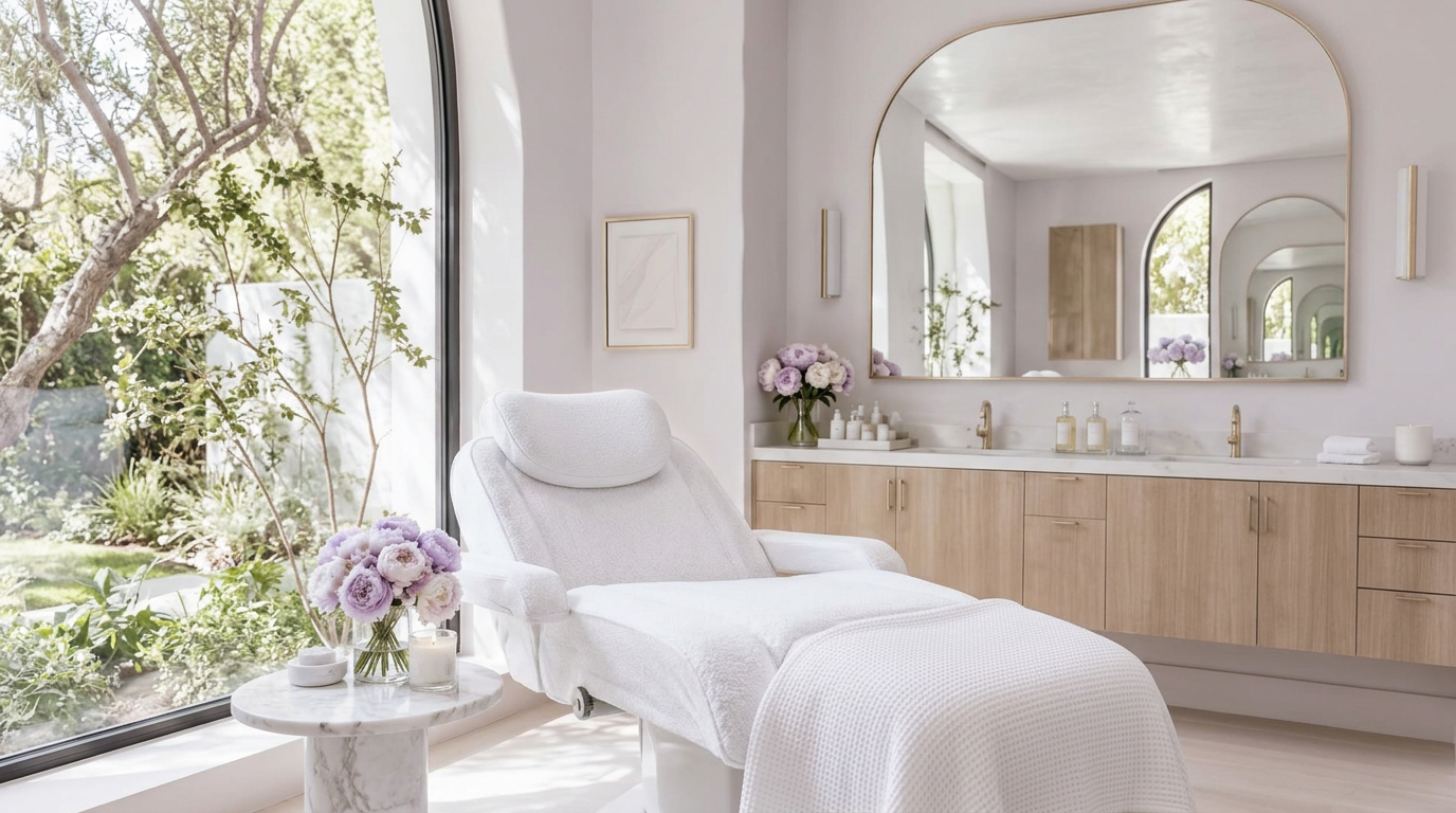 Illustrative spa interior in white and pale lilac